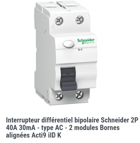 Interrupteur différentiel bipolaire Schneider 2P 40 A 30 mA type AC